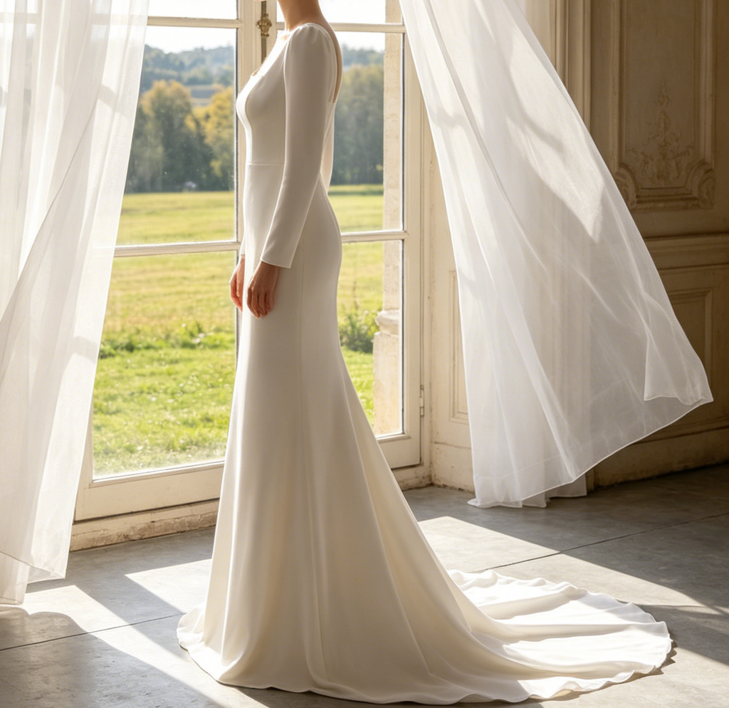 Exklusives Maxikleid in Elfenbein – Figurbetontes Modell mit modernem Karree-Ausschnitt, langen Ärmeln und Meerjungfrau-Silhouette