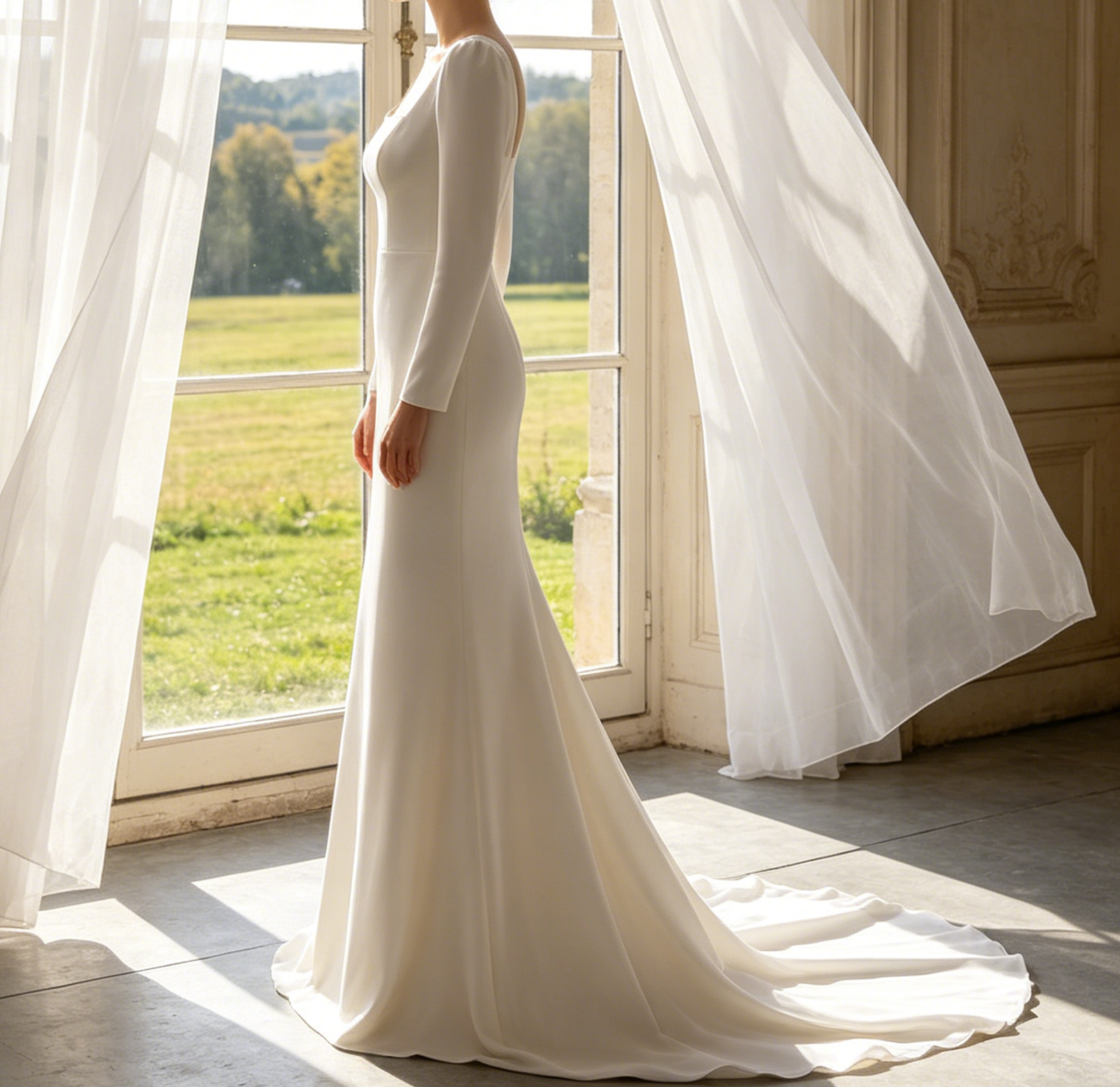 Exklusives Maxikleid in Elfenbein – Figurbetontes Modell mit modernem Karree-Ausschnitt, langen Ärmeln und Meerjungfrau-Silhouette