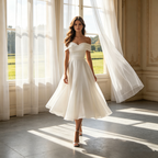 Damen Midi Cocktailkleid Weiß Off-Shoulder A-Linie für Formelle Anlässe