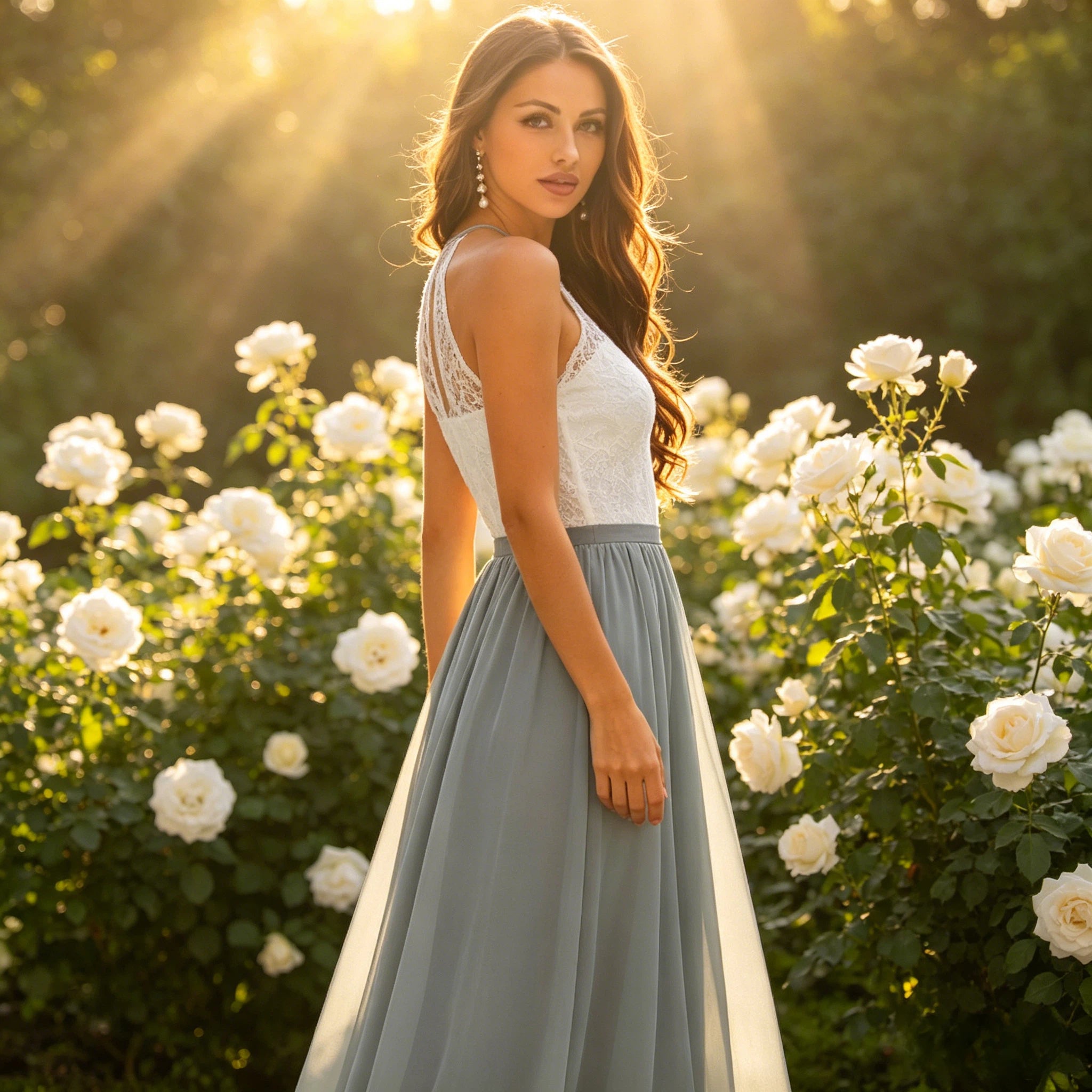 Elegantes Abendkleid in Grau und Weiß mit Neckholder und Spitzen-Oberteil