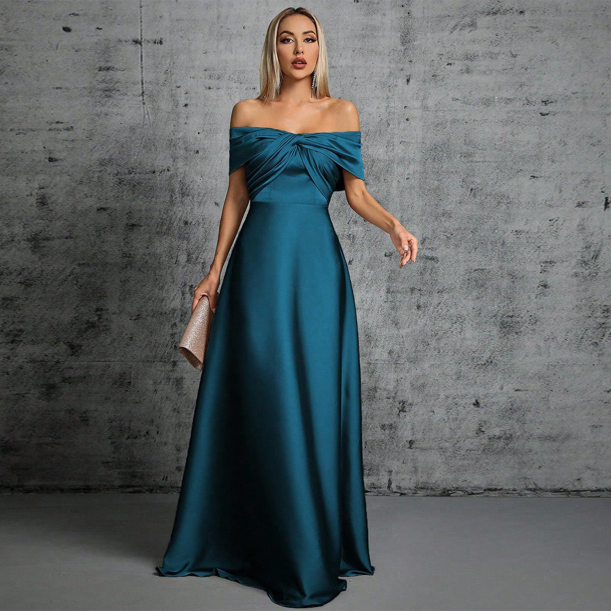 Elegantes Abendkleid Satin Dunkelblau Off Shoulder Bodenlanges Ballkleid für Galas Events