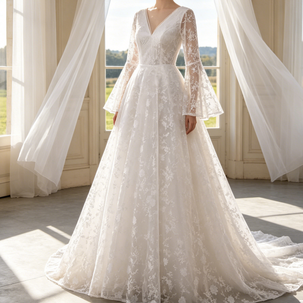 Elegantes Maxikleid in Elfenbein – A-Linien-Modell mit kunstvoller Spitze, V-Ausschnitt und langen Ärmeln