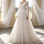 Elegantes Maxikleid in Elfenbein – A-Linien-Modell mit kunstvoller Spitze, V-Ausschnitt und langen Ärmeln