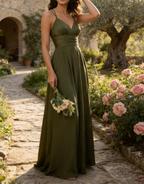 Elegantes olivgrünes Abendkleid in A-Linie, V-Ausschnitt, ärmelloses langes