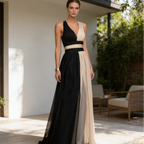 Zweifarbiges Abendkleid Schwarz Beige Bodenlanges Ballkleid mit V Ausschnitt für Events