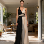 Zweifarbiges Abendkleid Schwarz Beige Bodenlanges Ballkleid mit V Ausschnitt für Events