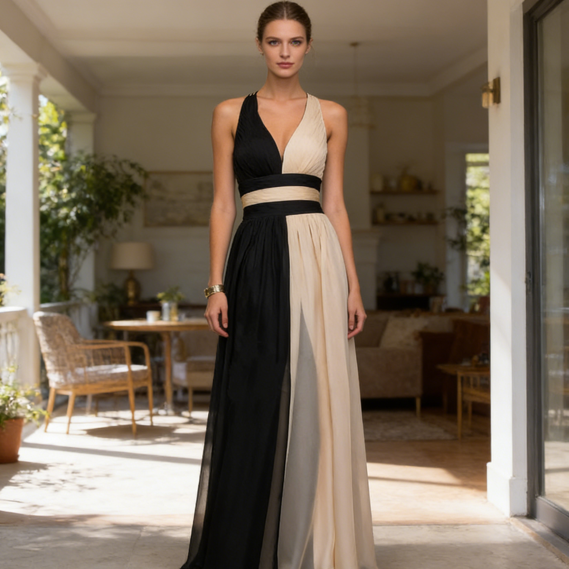 Zweifarbiges Abendkleid Schwarz Beige Bodenlanges Ballkleid mit V Ausschnitt für Events