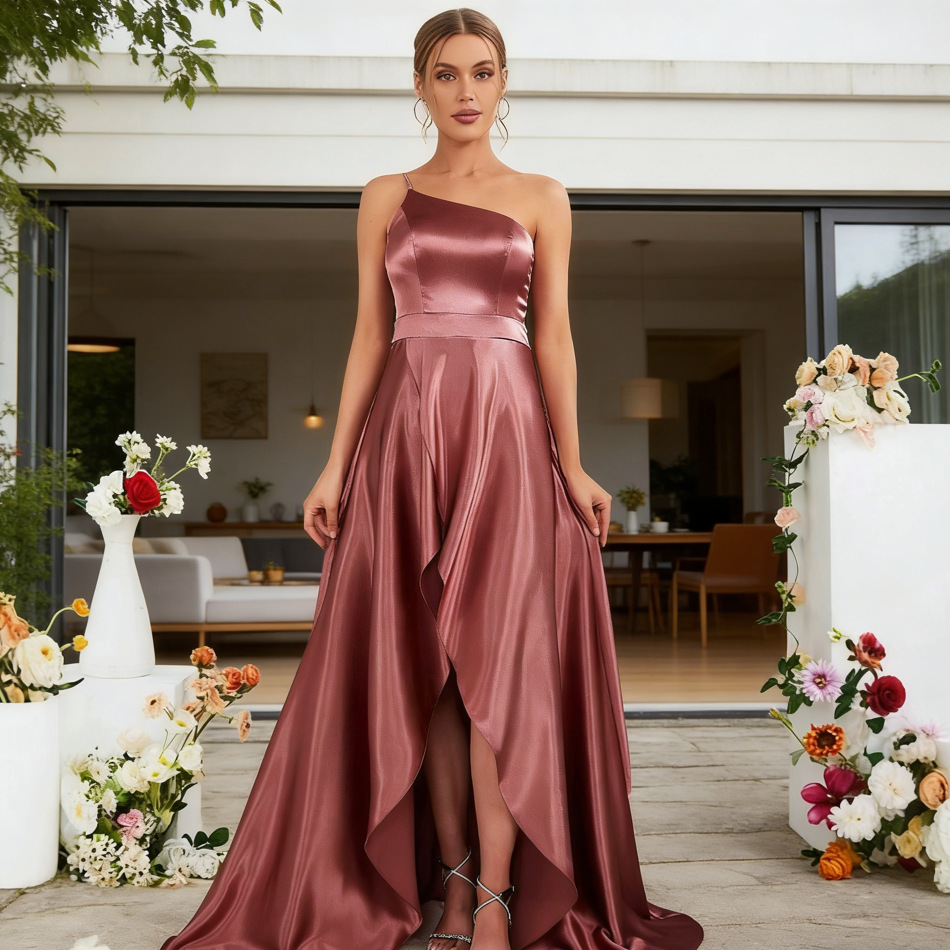 Elegantes Abendkleid Satin Altrosa One Shoulder Vokuhila Ballkleid für festliche Events