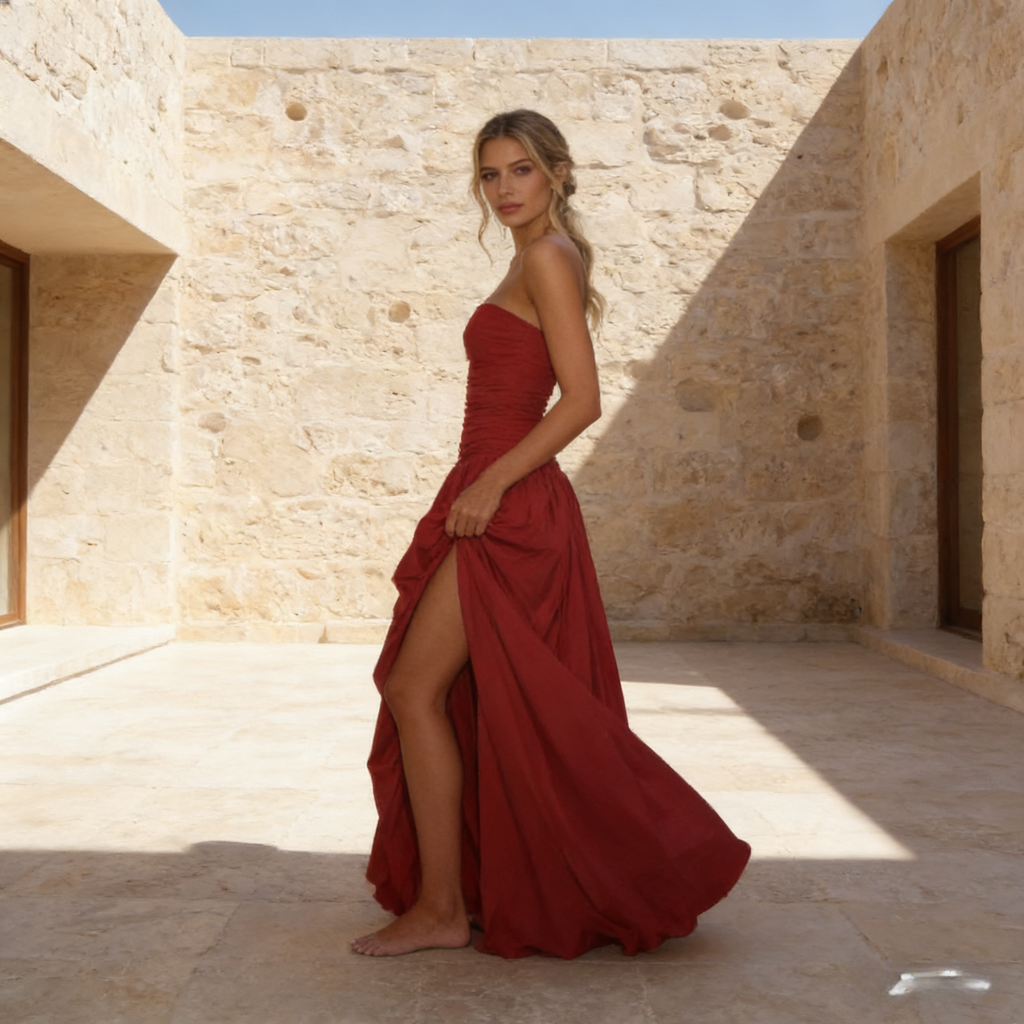 Elegantes Abendkleid Dunkelrot Trägerloses Vokuhila Ballkleid mit Raffungen für Abendevents