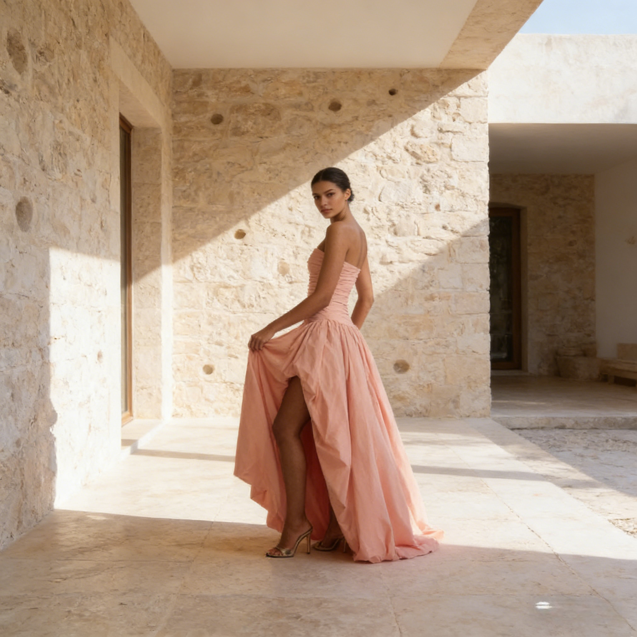 Elegantes Abendkleid Koralle Trägerloses Vokuhila Ballkleid mit Raffungen für Abendevents