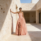 Elegantes Abendkleid Koralle Trägerloses Vokuhila Ballkleid mit Raffungen für Abendevents