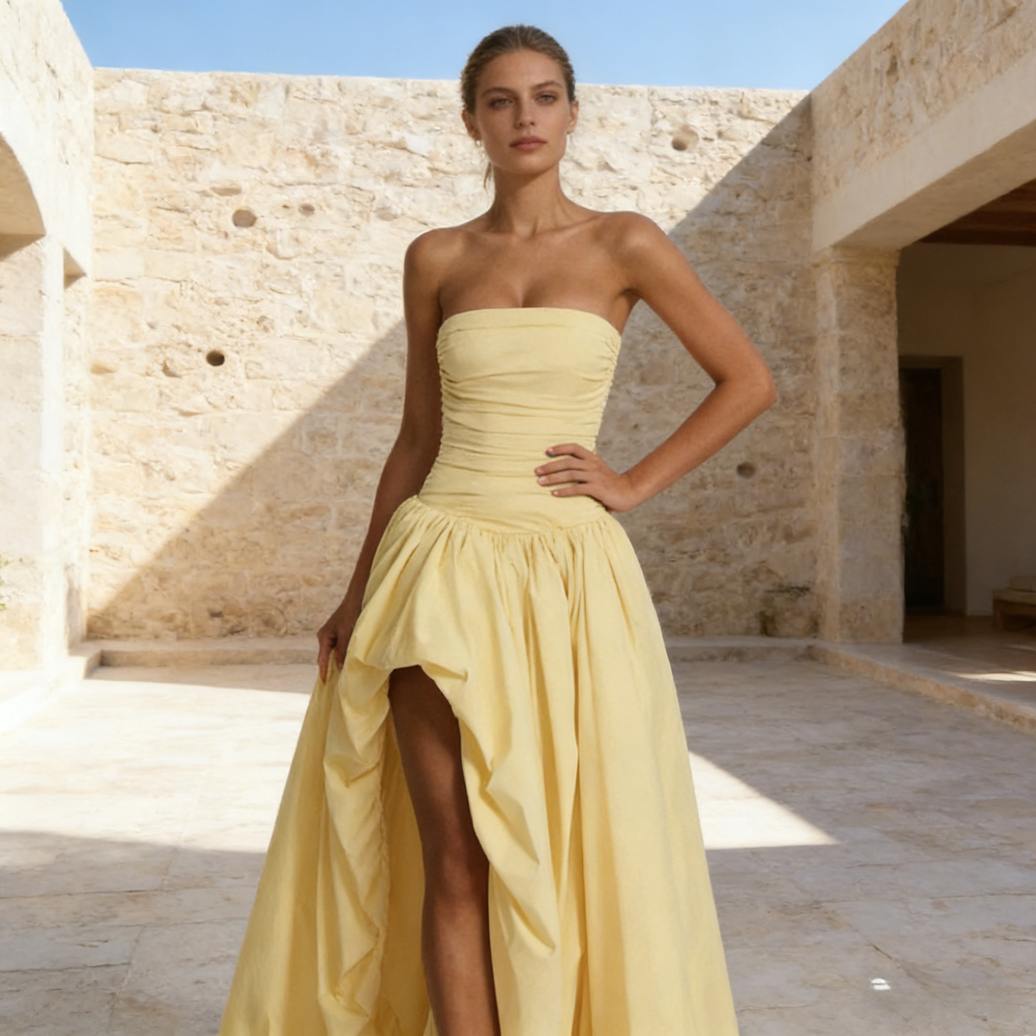Elegantes Abendkleid Pastellgelb Trägerloses Vokuhila Ballkleid mit Raffungen für Events