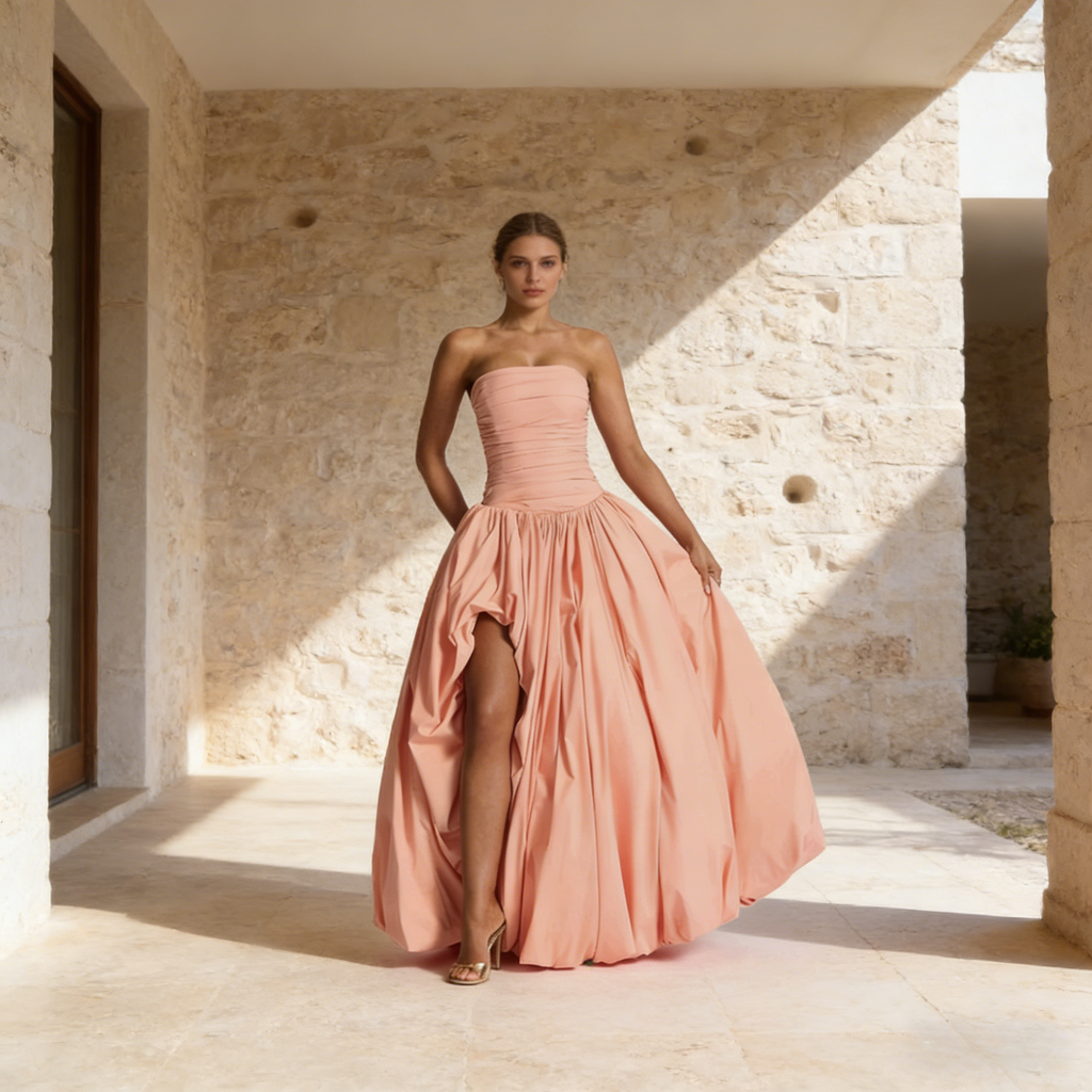 Elegantes Abendkleid Koralle Trägerloses Vokuhila Ballkleid mit Raffungen für Abendevents