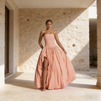 Elegantes Abendkleid Koralle Trägerloses Vokuhila Ballkleid mit Raffungen für Abendevents