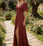 Elegantes Maxikleid mit V-Ausschnitt –  Ärmeln und tiefem Rückenausschnitt