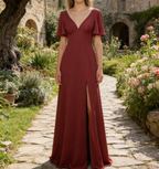 Elegantes Maxikleid mit V-Ausschnitt –  Ärmeln und tiefem Rückenausschnitt