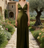 Elegantes Maxikleid in Olivgrün – Spaghettiträgern, Cut-Outs und Beinschlitz