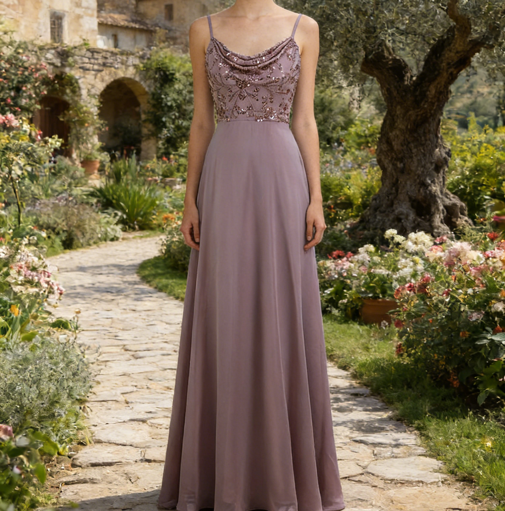 Elegantes Maxikleid in Dusty Rose – PerlenverziertesSpaghettiträgern