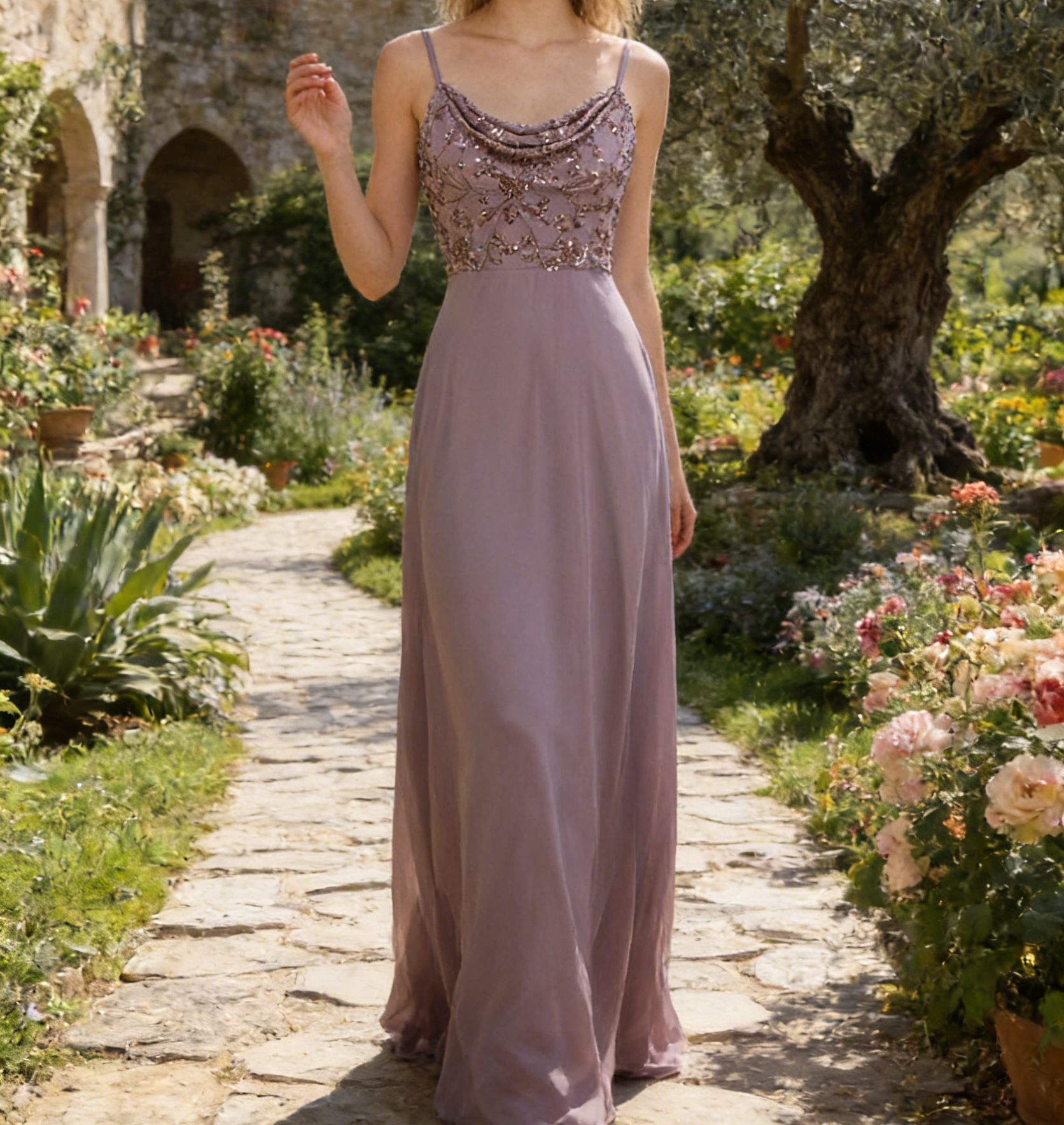 Elegantes Maxikleid in Dusty Rose – PerlenverziertesSpaghettiträgern