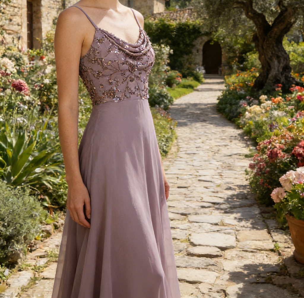 Elegantes Maxikleid in Dusty Rose – PerlenverziertesSpaghettiträgern