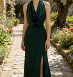 Exquisites Neckholder-Maxikleid in Tannengrün – Figurbetontes Meerjungfrau Beinschlitz