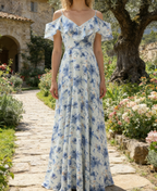 Elegantes A-Linien Maxikleid mit floralem Print – Schulterfreies Blau