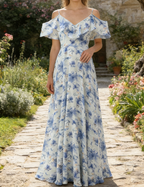 Elegantes A-Linien Maxikleid mit floralem Print – Schulterfreies Blau