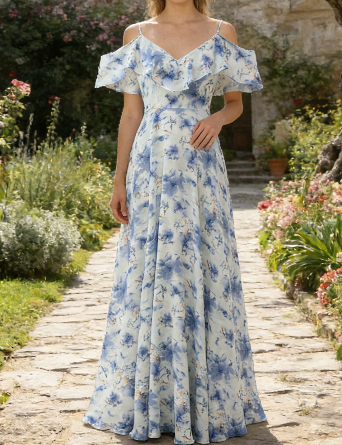 Elegantes A-Linien Maxikleid mit floralem Print – Schulterfreies Blau