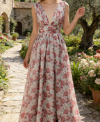 Elegantes Maxikleid mit floralem Print – Langes in Grau und Rosa