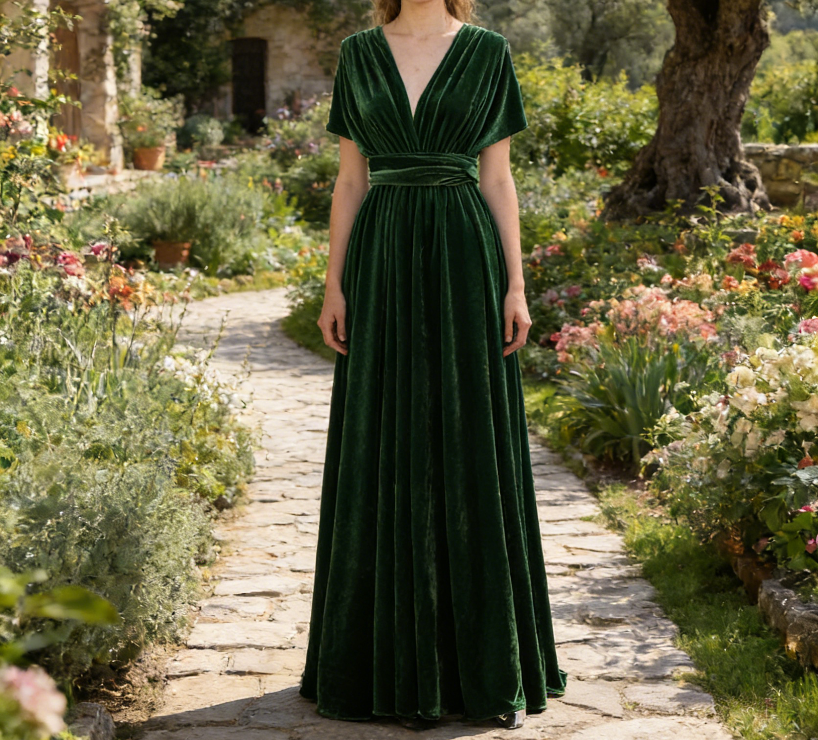 Exquisites Samt-Maxikleid in Dunkelgrün – Wandelbares Multi-Way