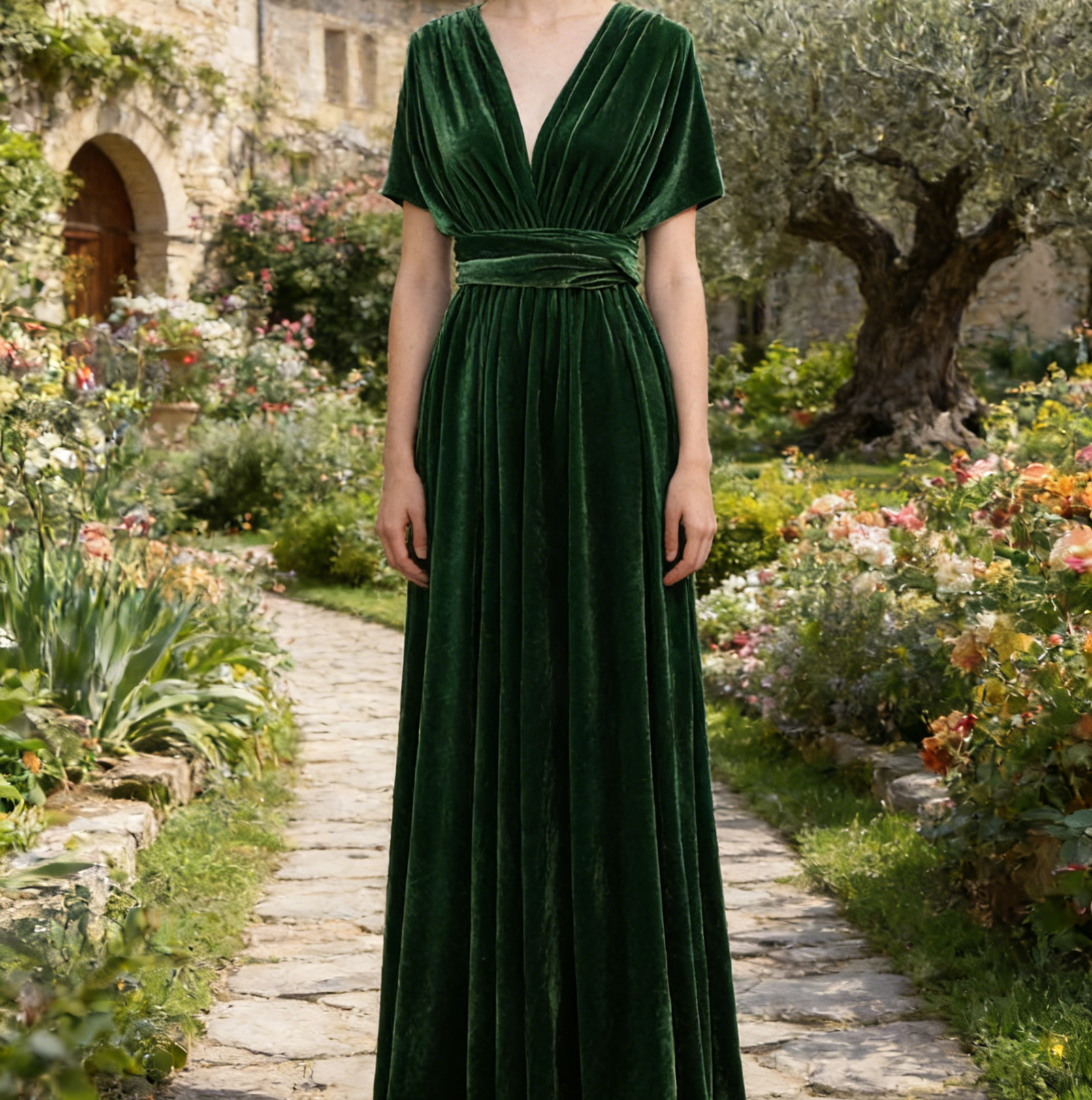 Exquisites Samt-Maxikleid in Dunkelgrün – Wandelbares Multi-Way