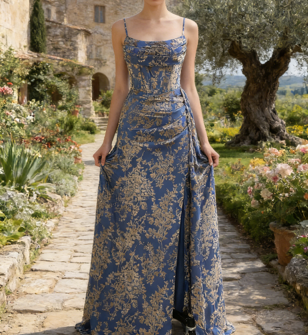 Elegantes Meerjungfrau-Maxikleid in Blau – Korsett-floralem Ausbrenner-Muster und Beinschlitz
