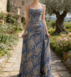 Elegantes Meerjungfrau-Maxikleid in Blau – Korsett-floralem Ausbrenner-Muster und Beinschlitz