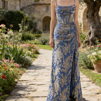 Elegantes Meerjungfrau-Maxikleid in Blau – Korsett-floralem Ausbrenner-Muster und Beinschlitz