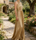 Prachtvolles plissiertes Maxikleid in Gold – Elegantes Neckholder