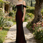 Exquisites Meerjungfrau-Maxikleid in Schwarz-Rot – Elegantes Cold-Shoulder