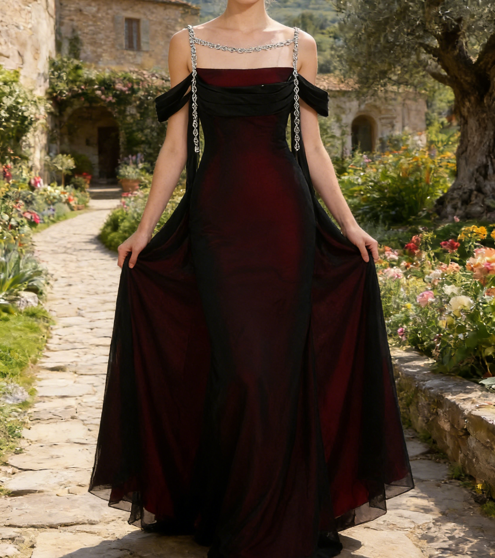 Exquisites Meerjungfrau-Maxikleid in Schwarz-Rot – Elegantes Cold-Shoulder