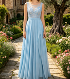 Funkelndes Maxikleid in Himmelblau – Elegantes Plissee Bateau-Ausschnitt