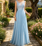 Funkelndes Maxikleid in Himmelblau – Elegantes Plissee Bateau-Ausschnitt