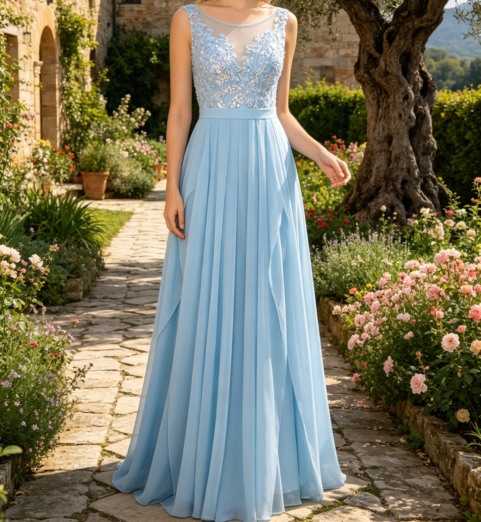 Funkelndes Maxikleid in Himmelblau – Elegantes Plissee Bateau-Ausschnitt