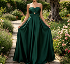 Elegantes A-Linien Maxikleid in Dunkelgrün – Plissee Herzausschnitt und Keyhole-Detail