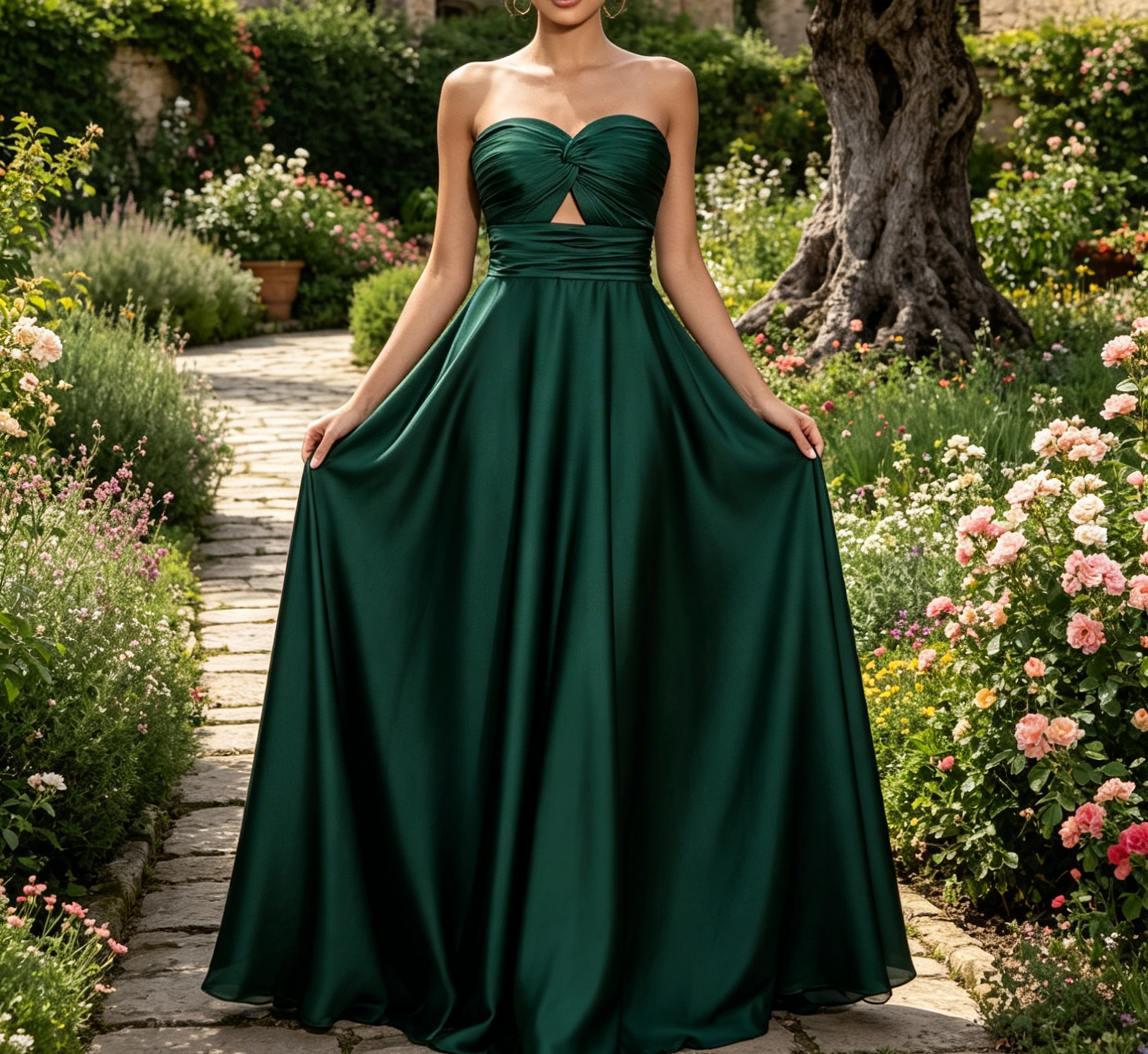 Elegantes A-Linien Maxikleid in Dunkelgrün – Plissee Herzausschnitt und Keyhole-Detail