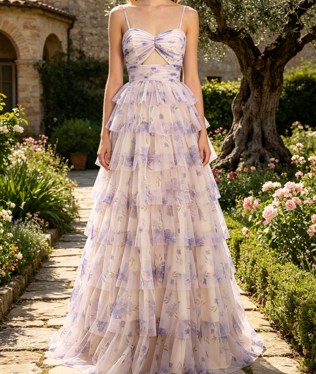 Traumhaftes Prinzessinnen-Ballkleid in Lavendel – Gestuftes Maxikleid mit floralem Print und Plissee