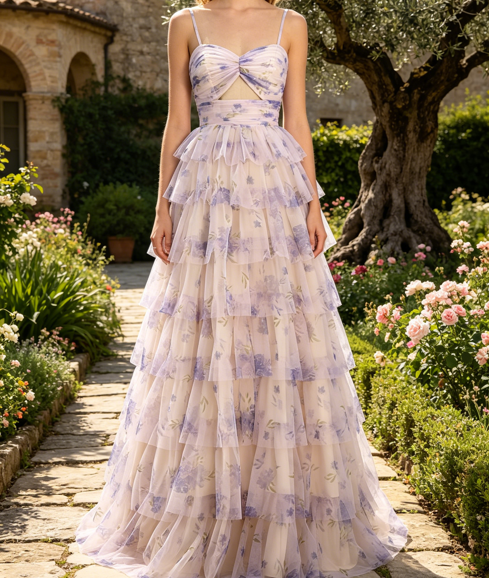 Traumhaftes Prinzessinnen-Ballkleid in Lavendel – Gestuftes Maxikleid mit floralem Print und Plissee