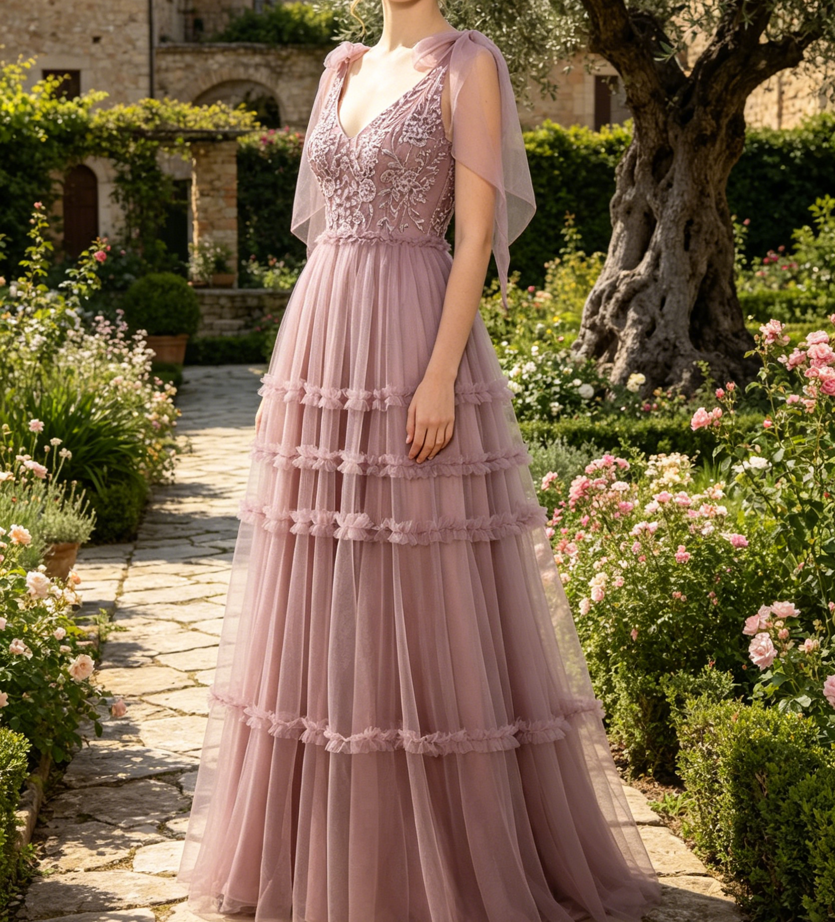 Elegantes A-Linien Maxikleid in Dustypink – V-Ausschnitt und Perlenbesatz