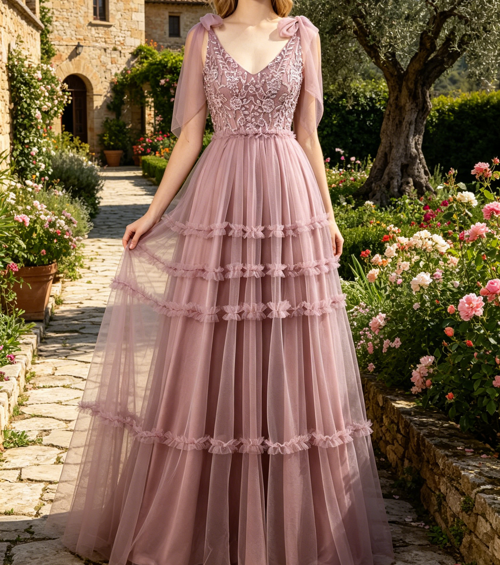 Elegantes A-Linien Maxikleid in Dustypink – V-Ausschnitt und Perlenbesatz