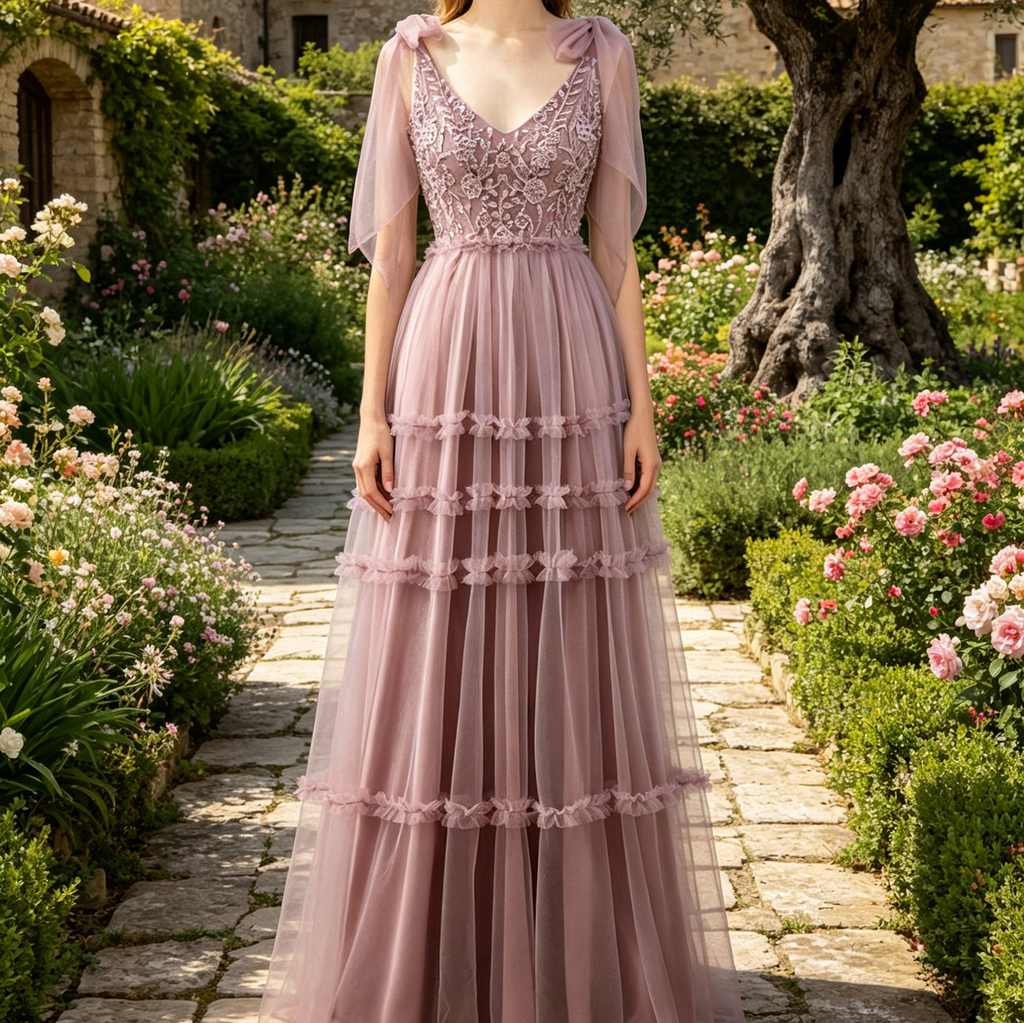 Elegantes A-Linien Maxikleid in Dustypink – V-Ausschnitt und Perlenbesatz