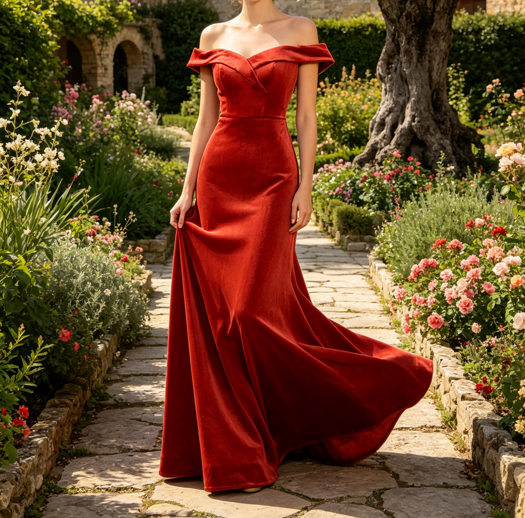 Exquisites Samt-Maxikleid in Terrakotta – Schulterfreies  mit edlem Glanz