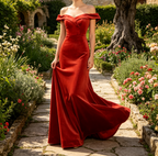Exquisites Samt-Maxikleid in Terrakotta – Schulterfreies  mit edlem Glanz