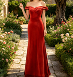 Exquisites Samt-Maxikleid in Terrakotta – Schulterfreies  mit edlem Glanz